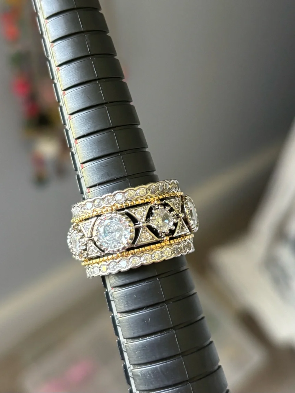 Gold silver and crystal ring